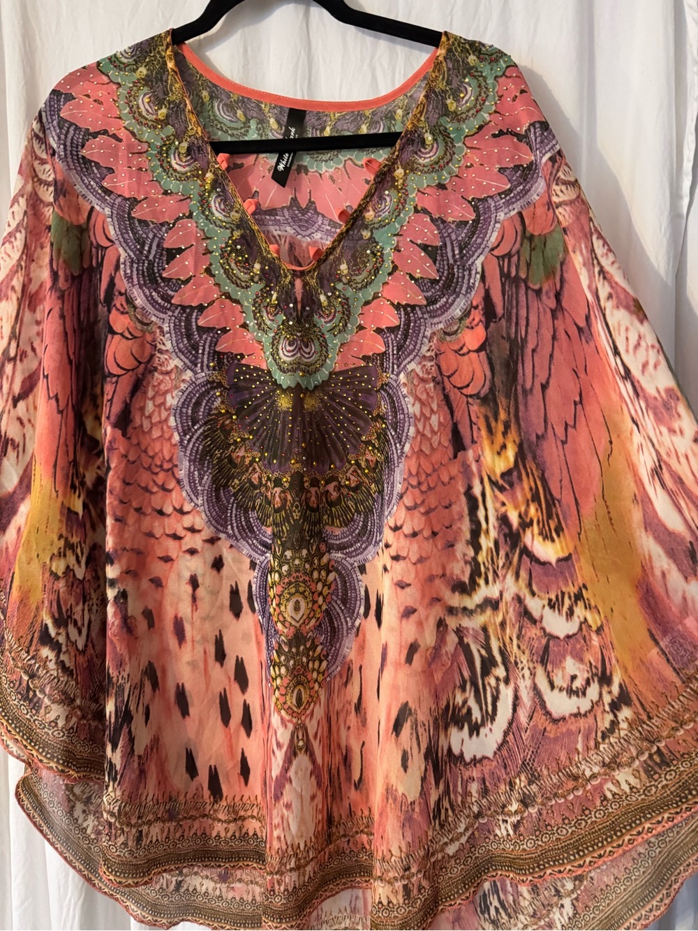 Boho Coral Pink Printed Women's Tunic Top sheer, Cover up or with a Tank .